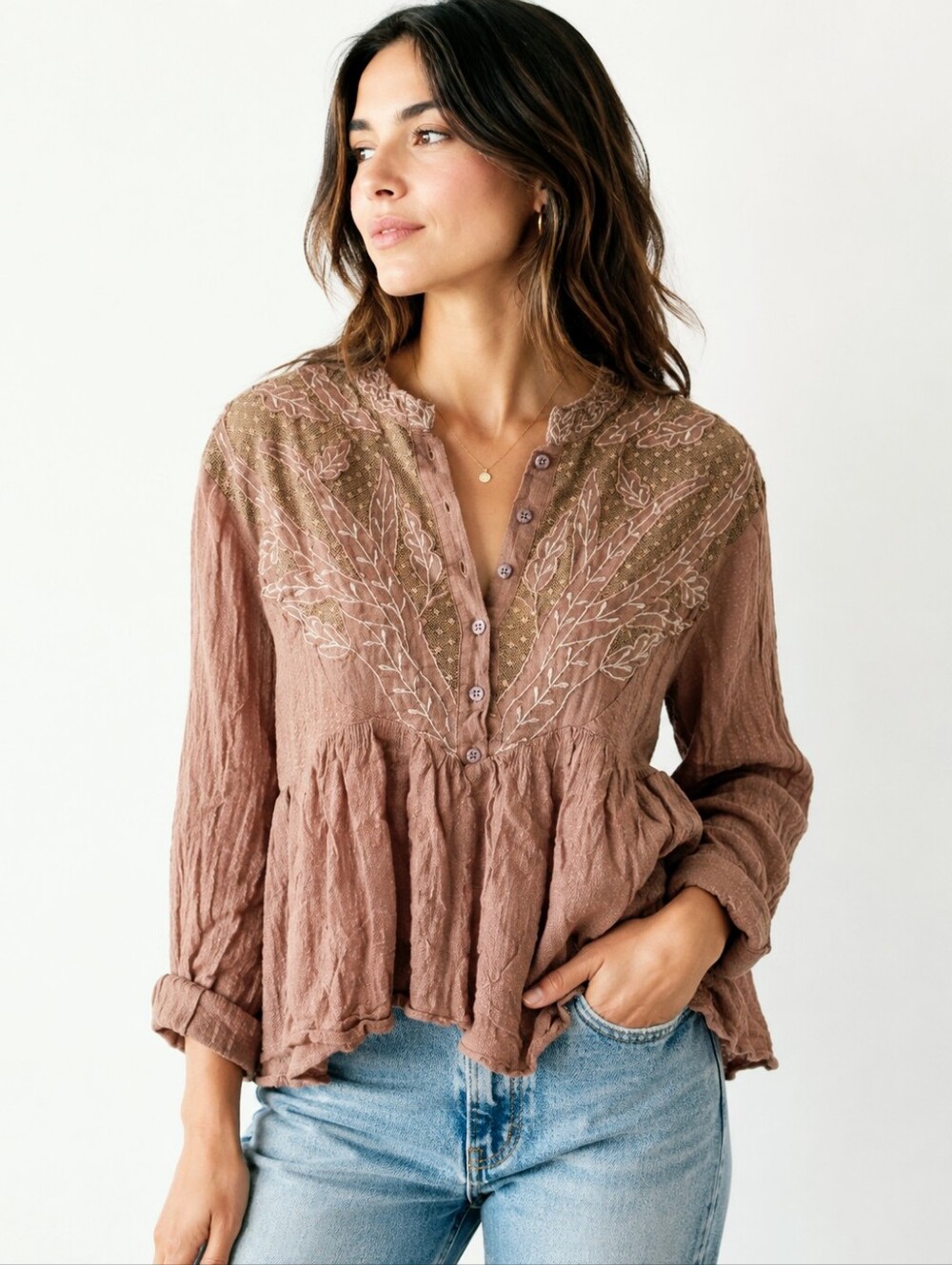 Free People Women’s Size M Embroidered Boho Peplum Long Sleeve Top